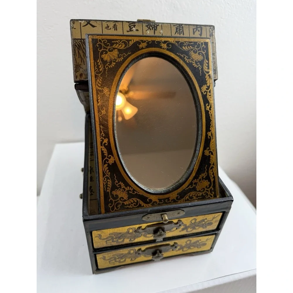 Antique Chinese Wood Lacquered Makeup Oval Vanity Fold Up Mirror Jewelry Box